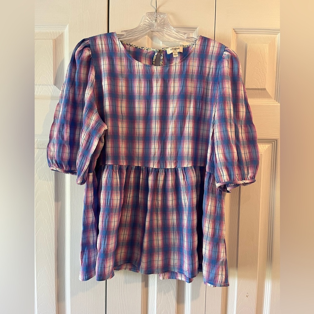Umgee Plaid Blouse in Pink and Blue